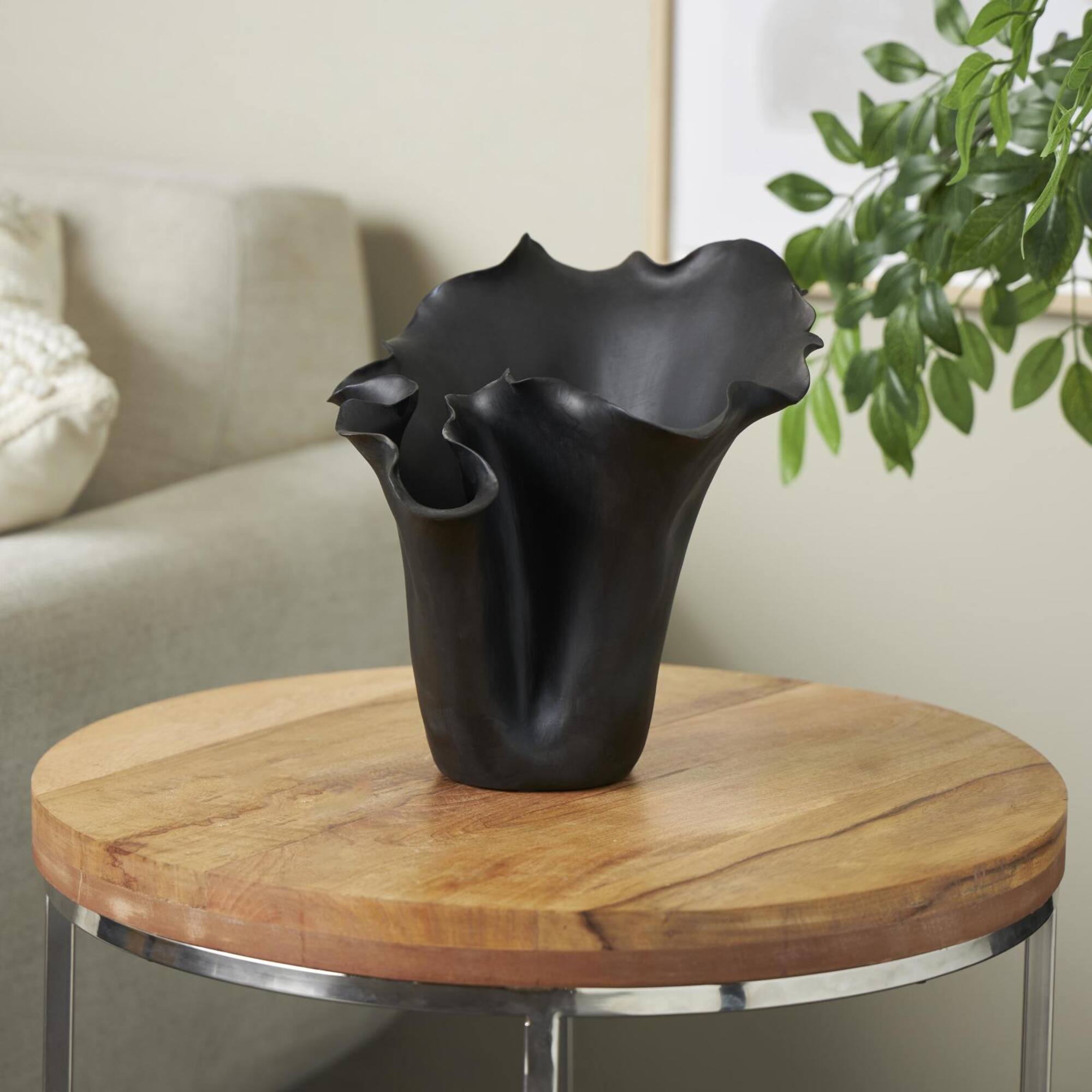 10" Black Abstract Floral Ceramic Vase